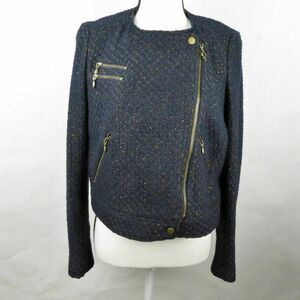 Womens Blazer Jacket Asymmetrical Zip Front Metallic Sparkle Navy Blue Size M